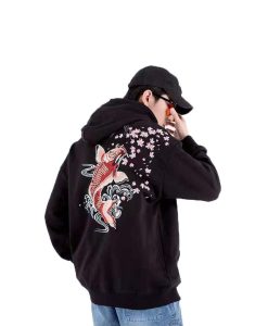 Japanese Streetwear Koi Embroidery Hoodie