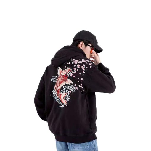 Japanese Streetwear Koi Embroidery Hoodie